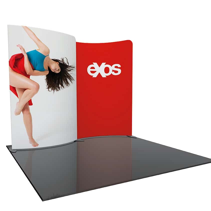 Fusion-Plus-Stretch-Custom-Frame-Connected-Wall presentatiewanden met stretch textieldoek met gebogen element