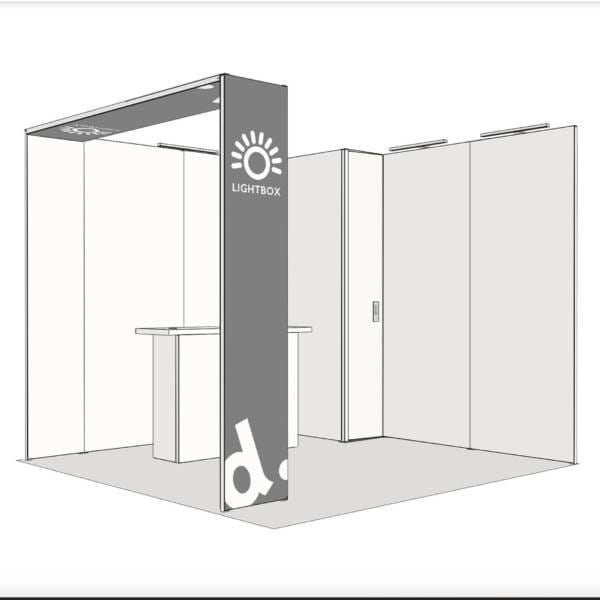 Panoramic LightBox 23 Beursstand met LightBox Modules, Bergruimte en Monitorhouder