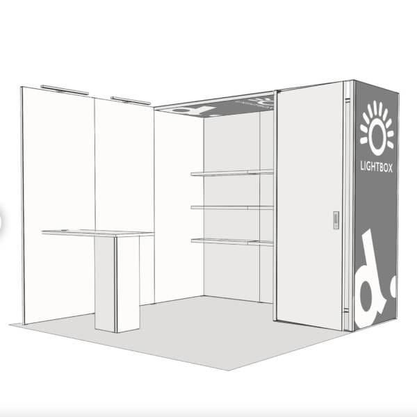 Panoramic LightBox 25 Beursstand met LightBox Modules, Bergruimte en Monitorhouder