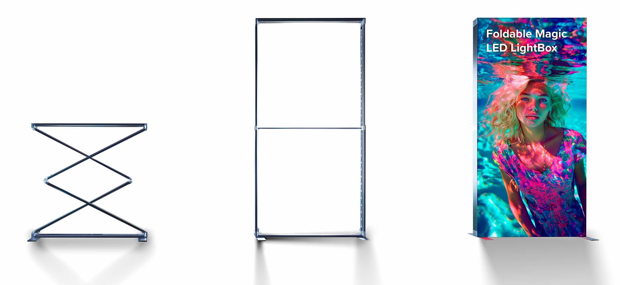 Er worden drie fasen voor het monteren van een opvouwbare LED-lichtbak getoond: links een ingeklapt frame, in het midden een uitgeklapt frame en rechts de volledig gemonteerde lichtbak met een kleurrijk display.