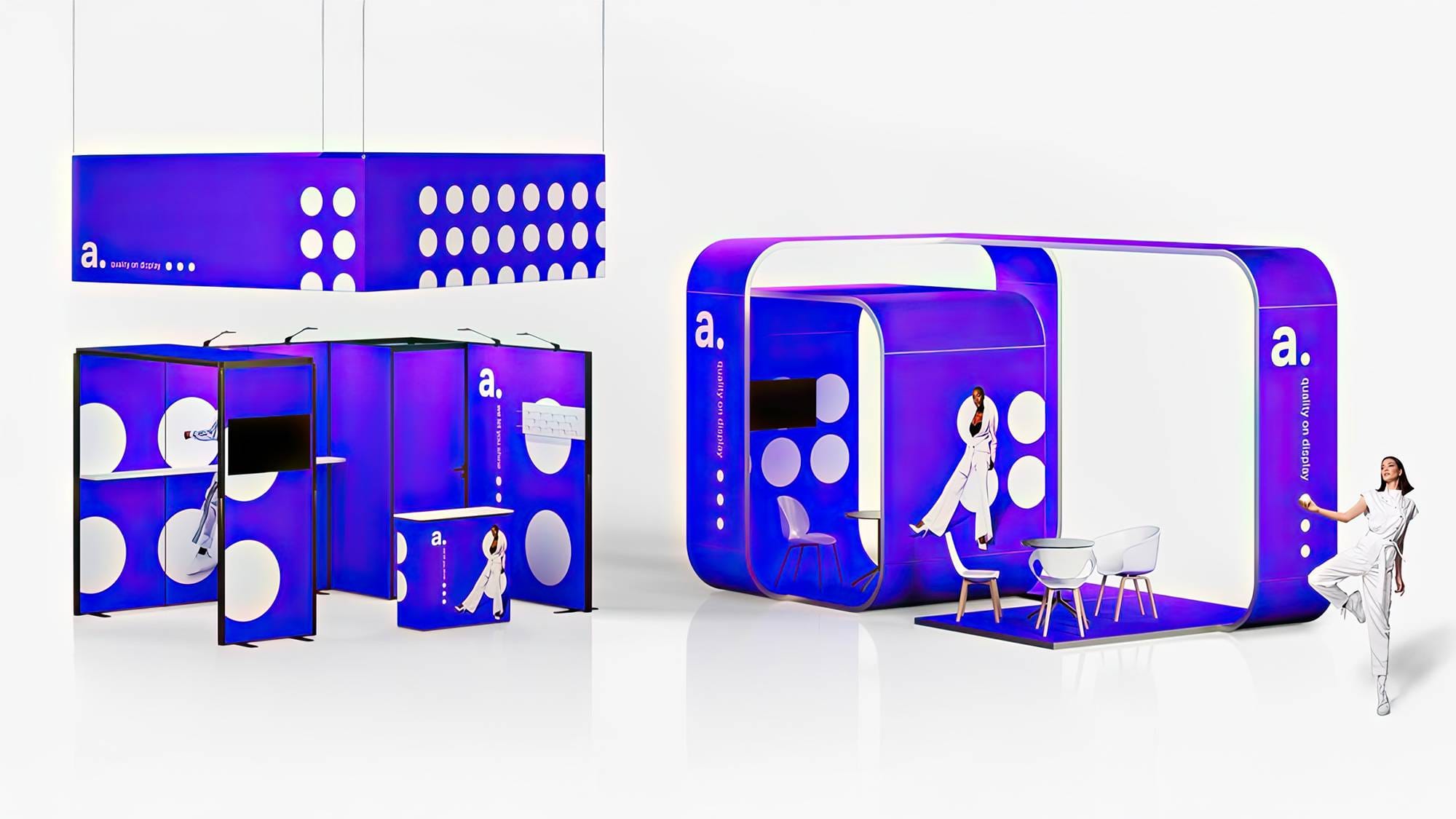Exhibition booth with blue and white design, featuring modern chairs and branding with letter "a." A person in white attire poses around the booth against a white background.