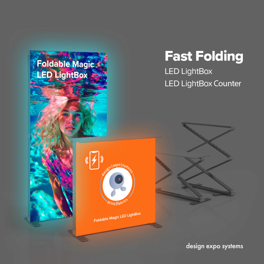 LED LightBox display showing vibrant woman's portrait and fast folding design feature, next to another LightBox counter displaying a lightning bolt icon.