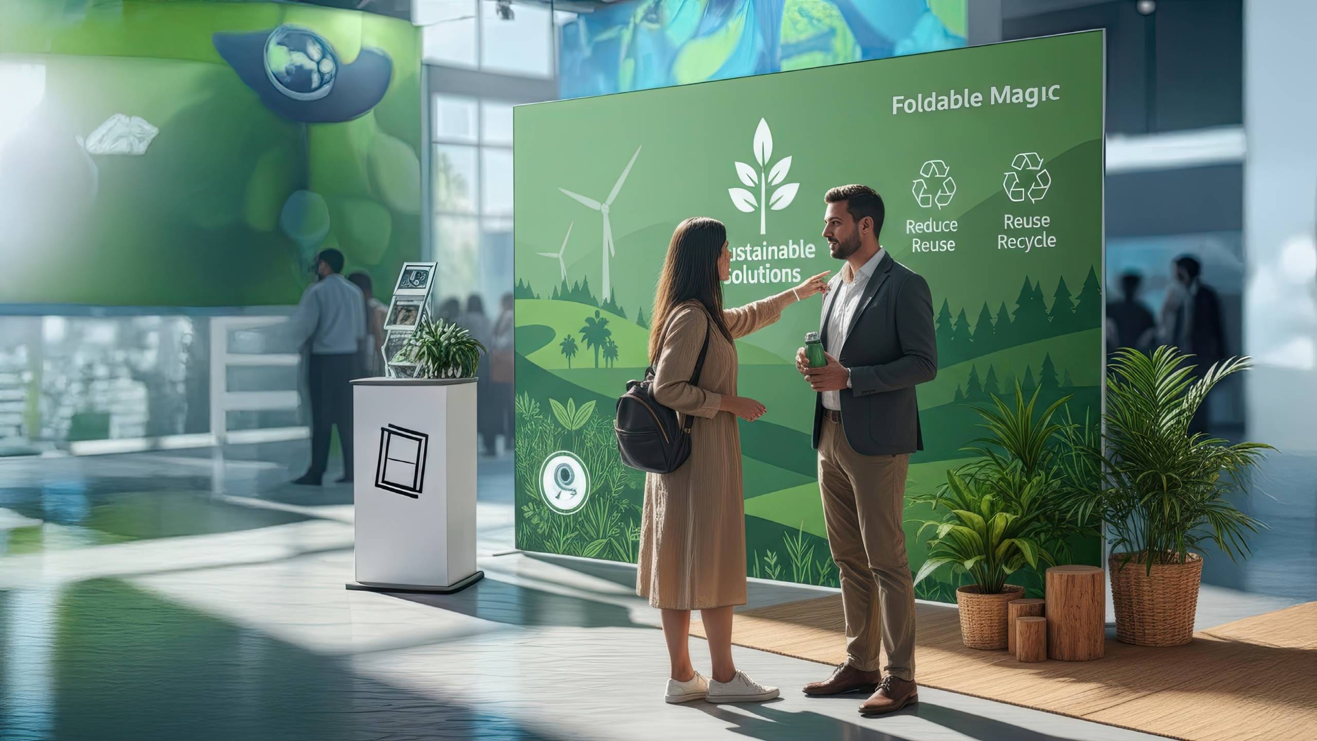 Sustainable exhibition stand with Foldable Magic Alu Frame – a modular presentation system offering bright full-color printing. It is reusable, lightweight and requires no tools for setup, making it ideal for businesses wanting to showcase their brand in a professional and eco-friendly way at trade shows and events. 