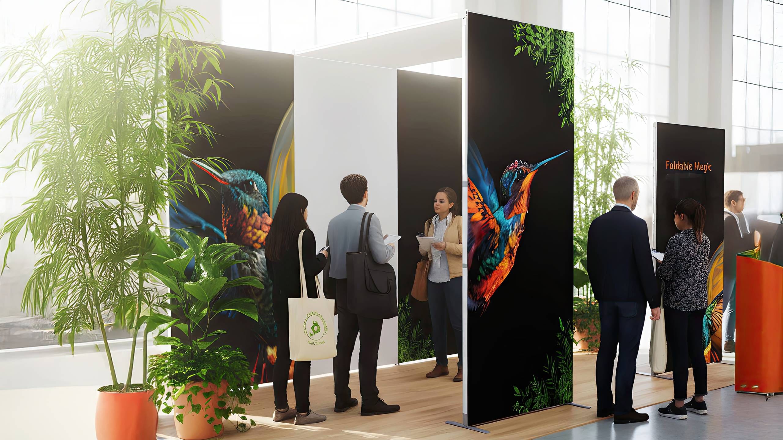 A professional exhibition booth with Foldable Magic Alu Frame. Seamless walls enhanced with beautiful textile visuals. The lightweight aluminum frames can be set up easily without tools, making them ideal for brand presentations at events, expositions,and trade shows. 