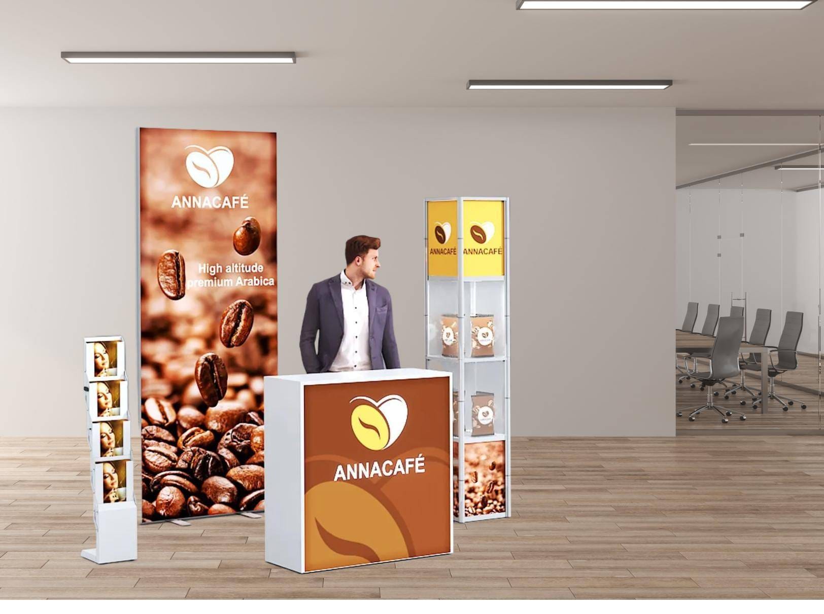 Beursbalie met display, showcase en brochurehouder