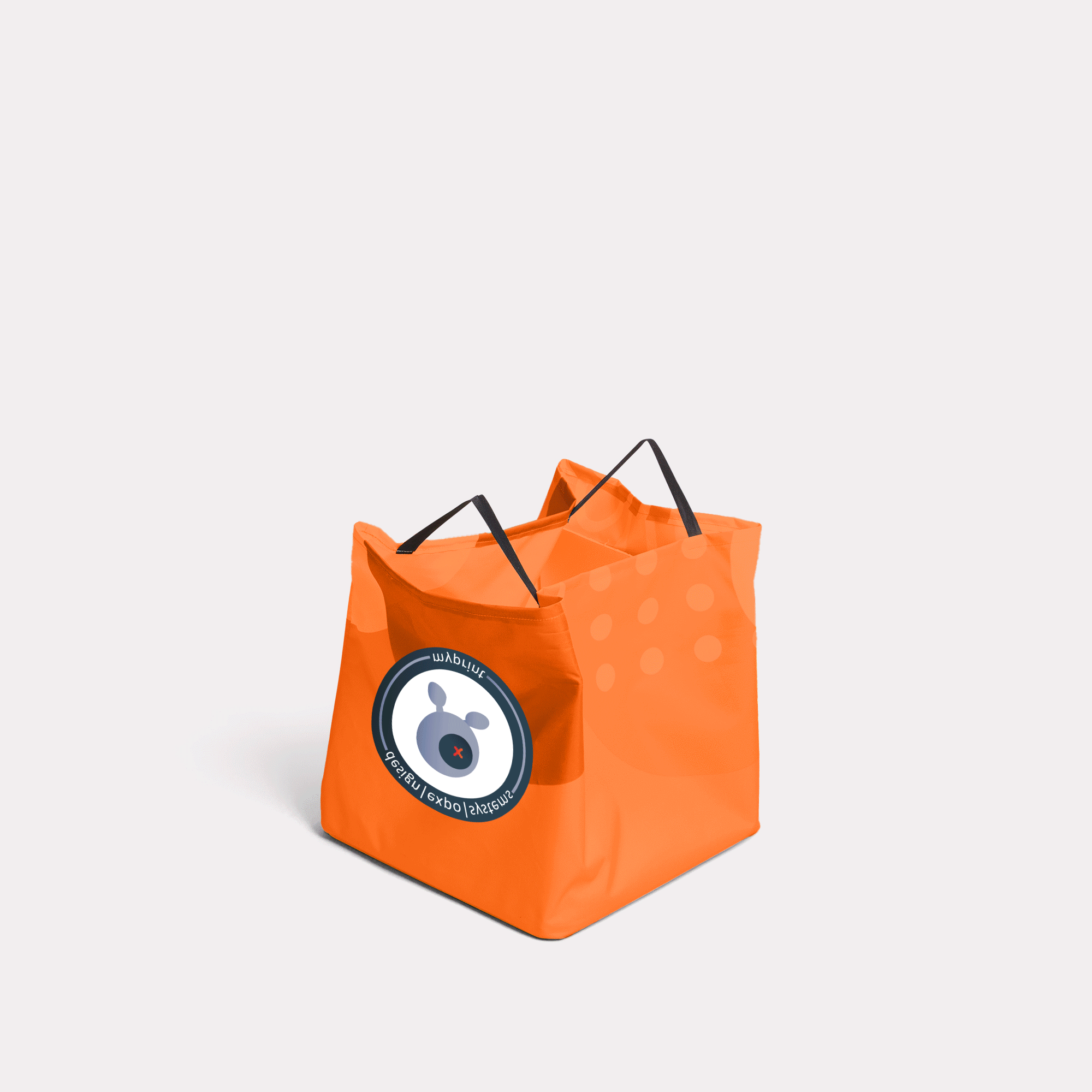 A bright orange cover with logo fixed on a folding seating cube