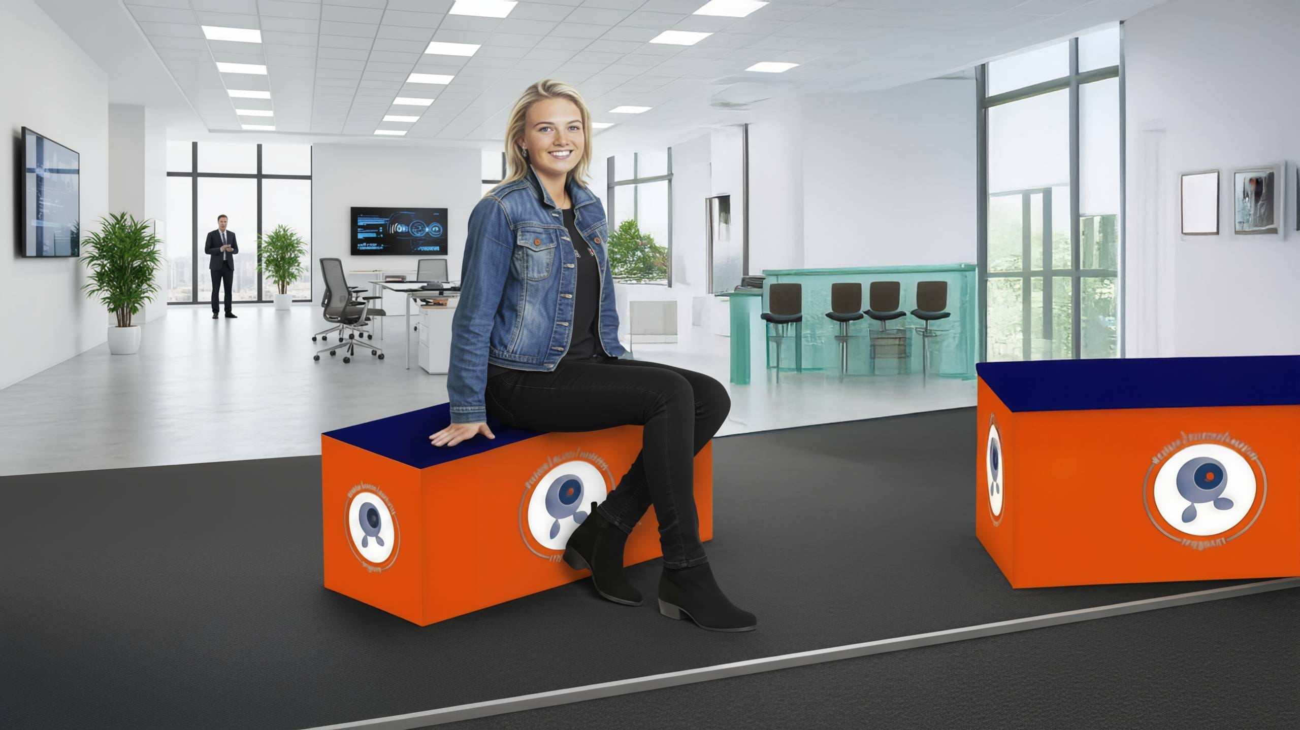 A woman in a denim jacket sits on a custom printed orange-blue modular seating cube in a modern office lounge, ideal for event branding and trade show booths.