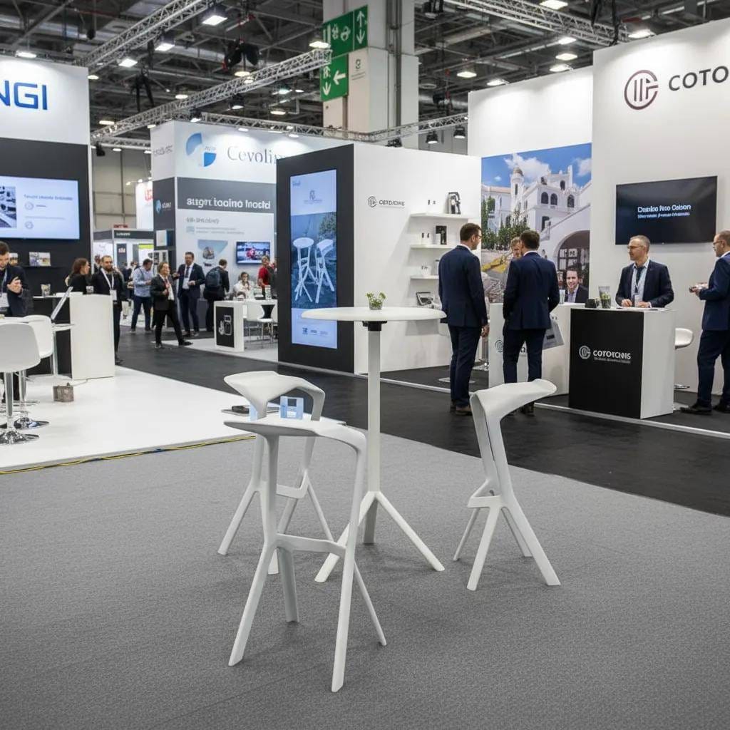 Expo barstool and table placed in front of a trade show booth