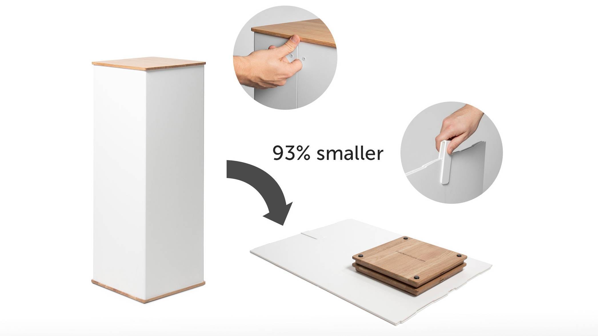 A rectangular pedestal in white and wood, mounted on the left and 93% smaller on the right when disassembled and flat, with hands demonstrating the assembly and disassembly process.