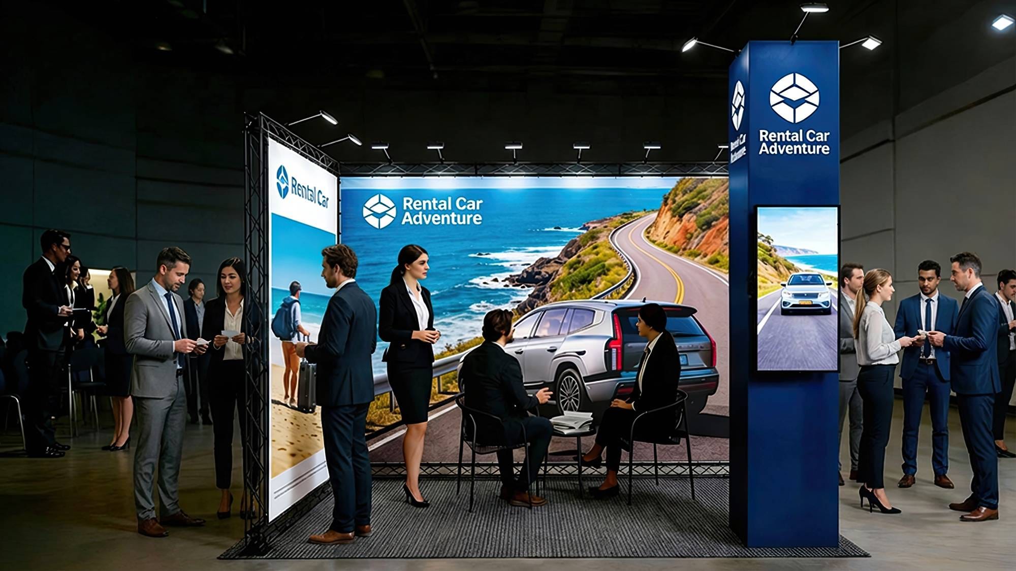 X15 Modular Truss Tower exhibition stand with integrated Digital Signage Screen and seamless SEG textile prints for professional brand presentation.