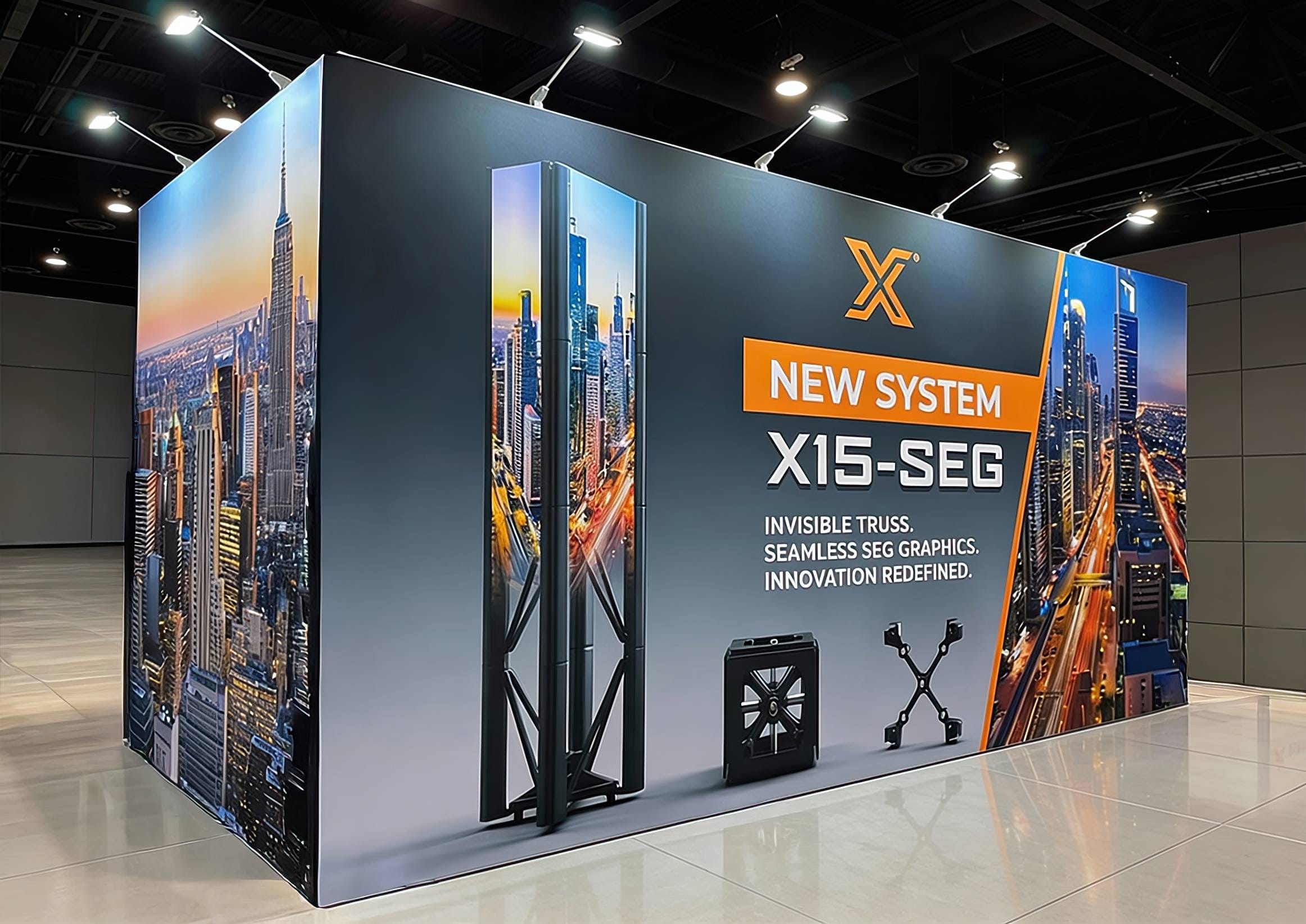 X15-SEG Modular Truss trade show booth with Invisible Truss technology and seamless tension fabrics for a sleek, modern trade show booth. Invisible truss and seamless SEG graphics. 