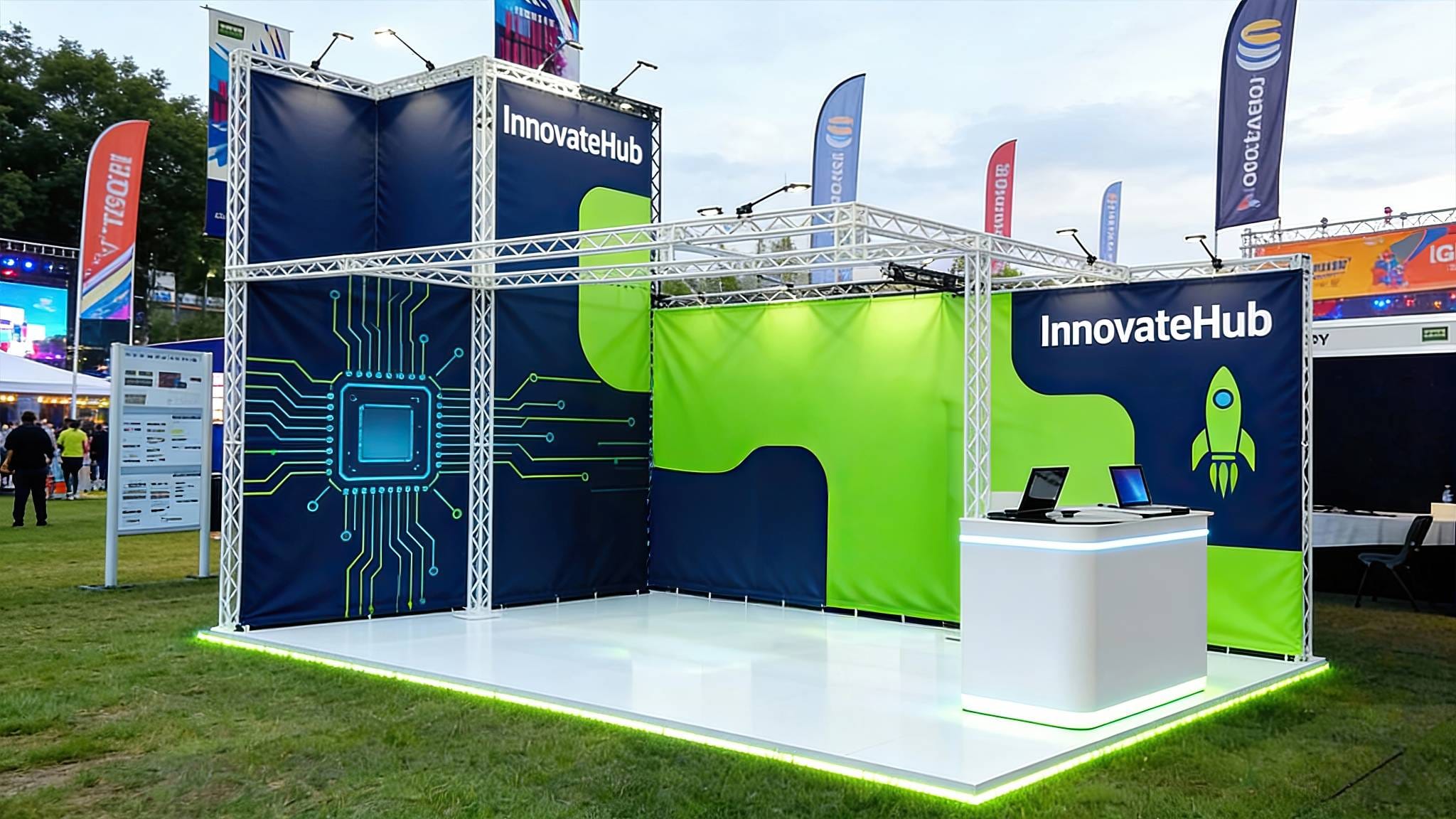 Durable X-20 Outdoor Truss exhibition stand with recyclable matte polyester visuals, PVC-free branding