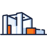 Een vereenvoudigde illustratie van een fabrieksgebouw met witte muren, blauwe contouren en oranje accenten.