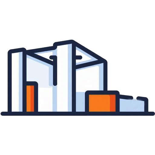 Eenvoudige illustratie van een fabriek of industrieel gebouw met witte muren, blauwe contouren en oranje accenten tegen een effen achtergrond - perfect als inspiratie voor een Modulaire Beursstand ontwerp.