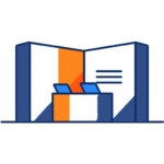 Illustratie van een informatiebalie met twee laptops voor een groot open boek, met tekstregels en een oranje accent.