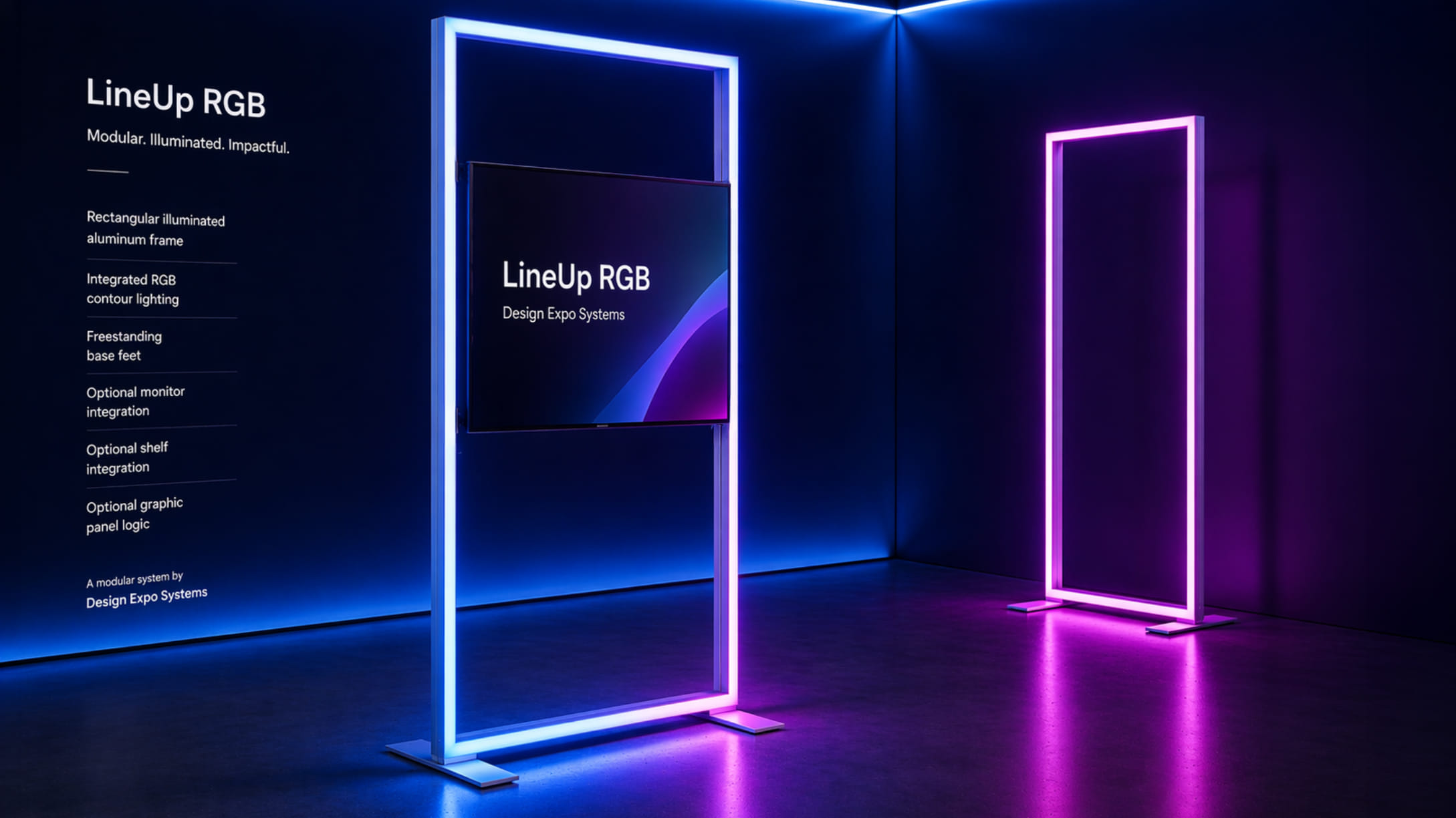 Twee rechthoekige verlichte frames met RGB LED-verlichting staan in een donkere kamer. Eén ervan fungeert als een LineUp RGB monitorstandaard en houdt een beeldscherm vast waarop de tekst "LineUp RGB Design Expo Systems" staat.